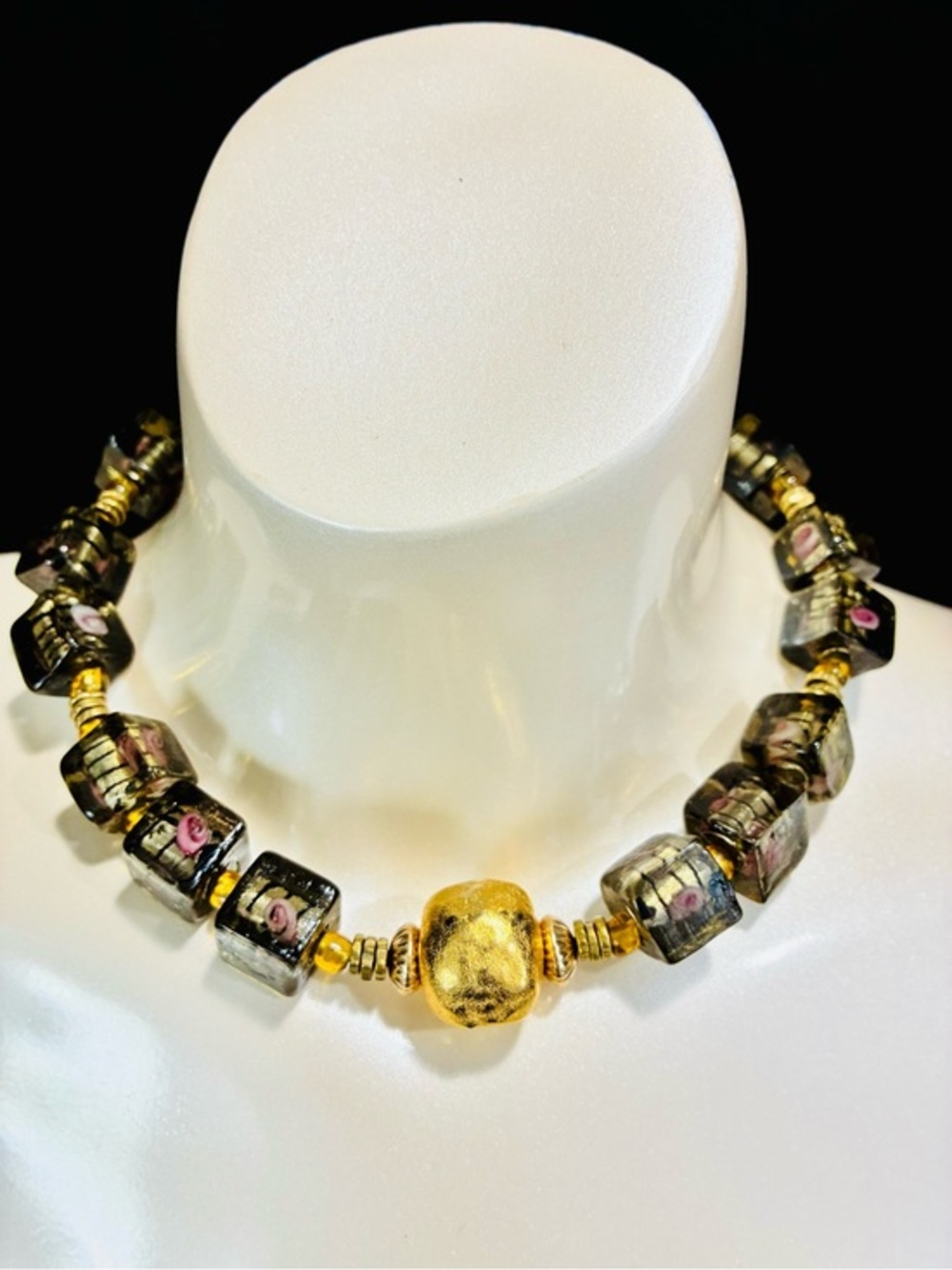 Handcrafted VTG Murano Cubed Black and Gold Floral Statement Necklace 132g EUC